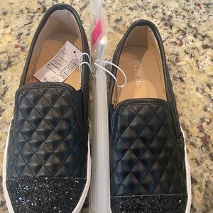PLACE Black Quilted Slip-On Shoes with Glitter Toe